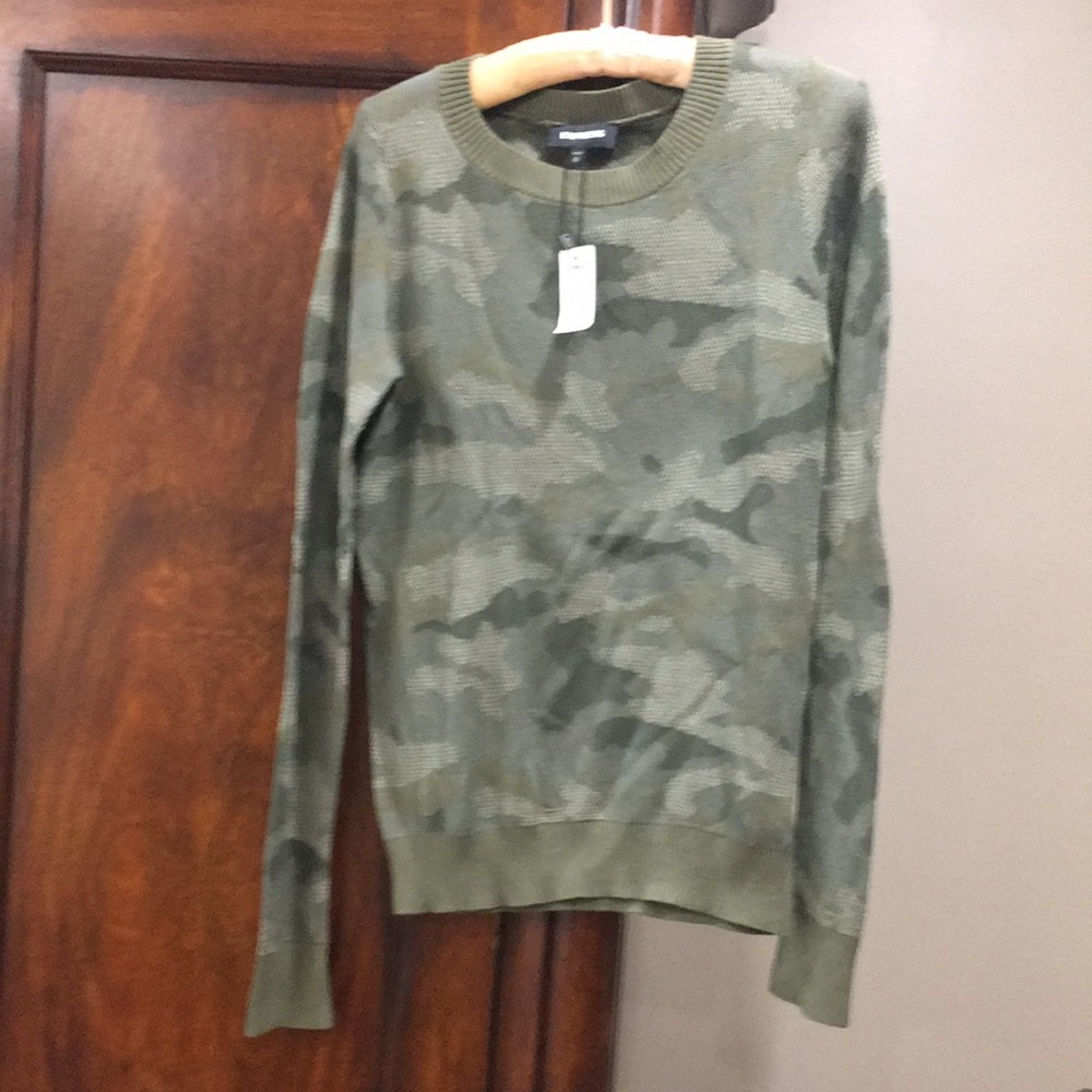 Express all over camo print fitted sweater